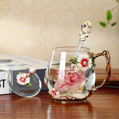 Beauty Enamel Crystal Glass Cup Flower Tea Mug High-grade Glass Water Cup and Mug with Handgrip Perfect Gift for Lover Wedding