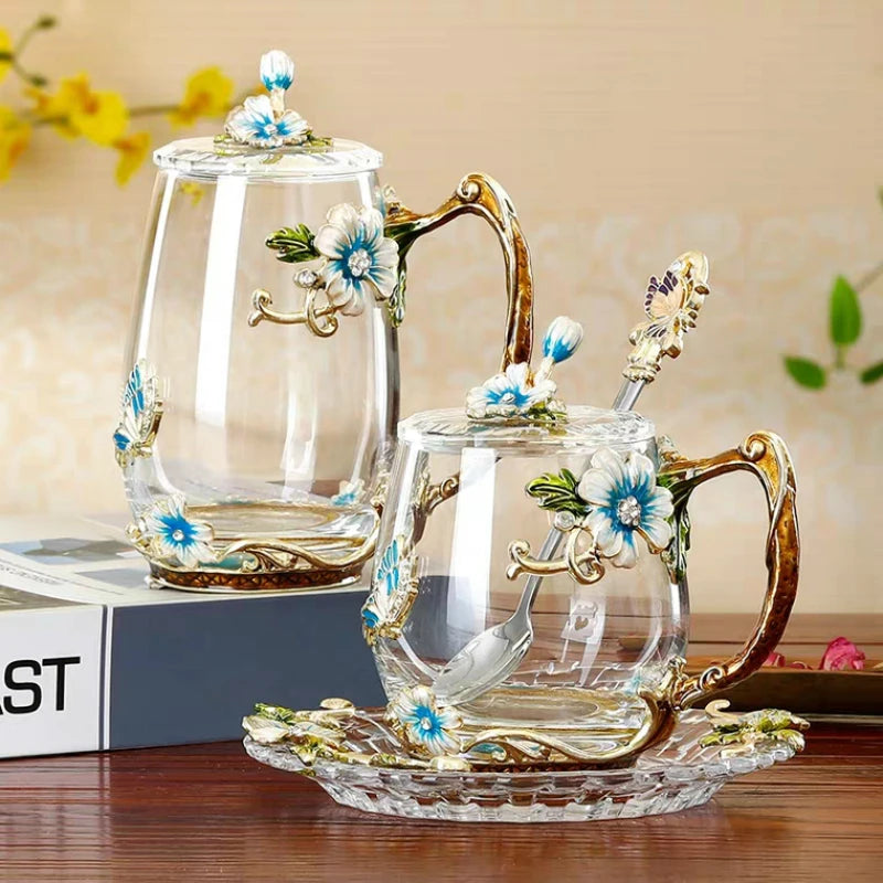 Hand-made Enamel Coffee Mug Crystal Cup Milk Lemon Flower Tea Cup High-grade Glass Drinkware Gift Couple Mug For Lover Wedding