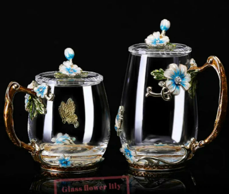 Beauty Enamel Crystal Glass Cup Flower Tea Mug High-grade Glass Water Cup and Mug with Handgrip Perfect Gift for Lover Wedding