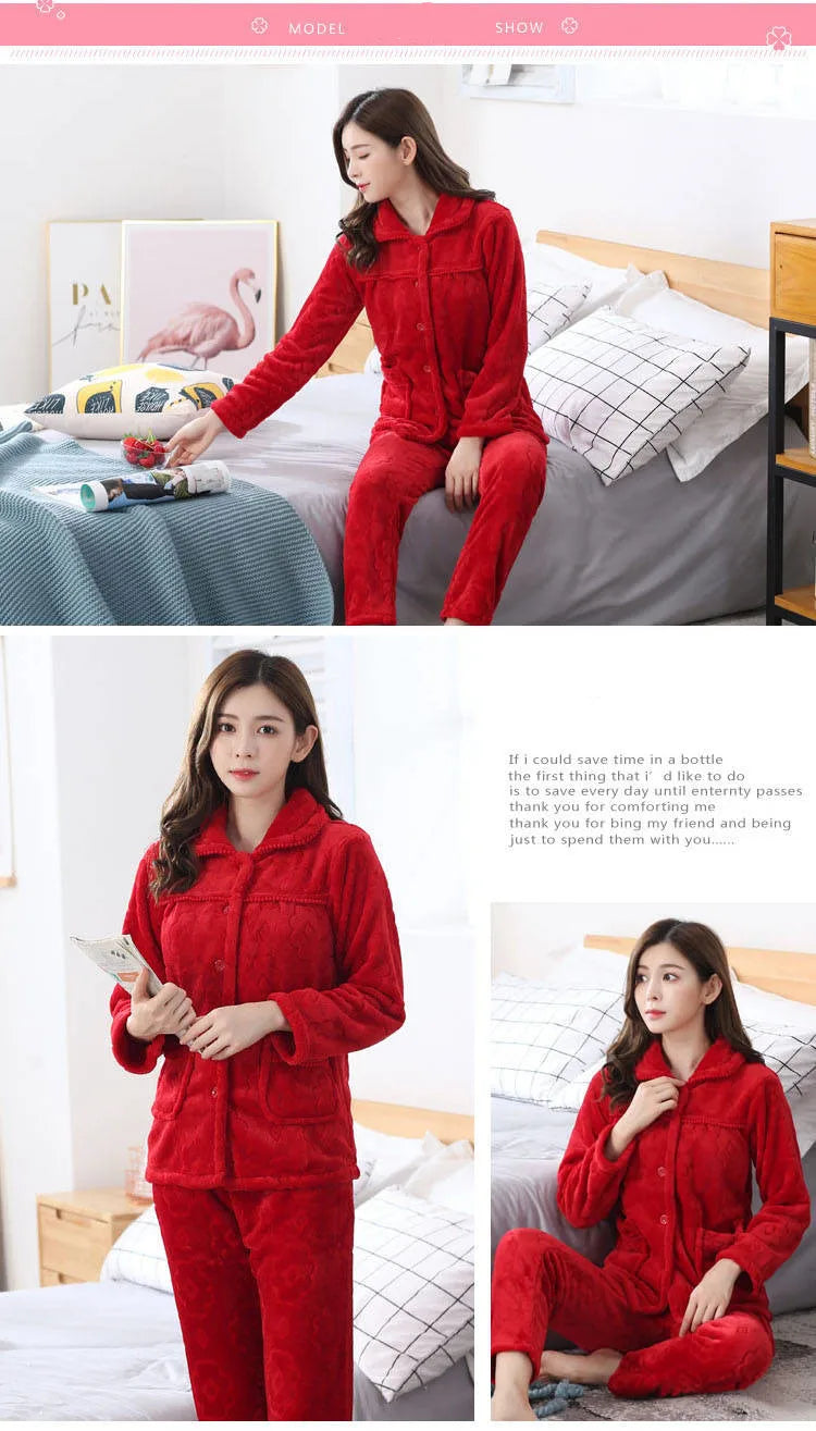 Autumn winter Women Pajamas Sets Flannel Warm Pyjamas Women Thick Homewear Pajama Flannel  Animal Sleepwear female