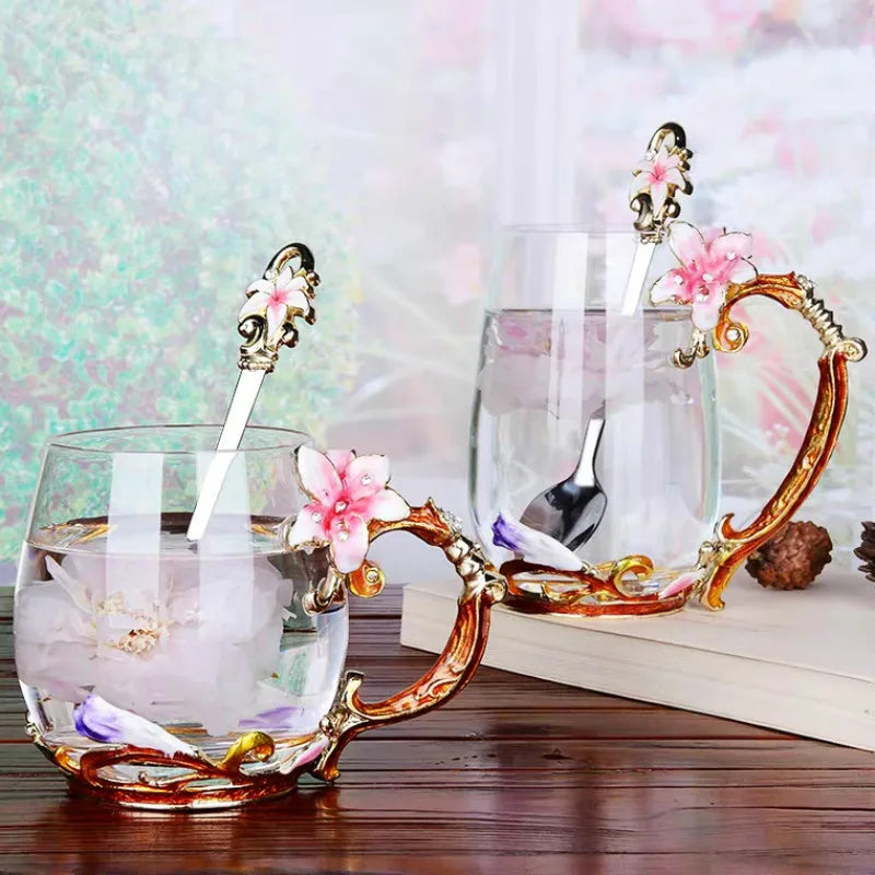 Hand-made Enamel Coffee Mug Crystal Cup Milk Lemon Flower Tea Cup High-grade Glass Drinkware Gift Couple Mug For Lover Wedding