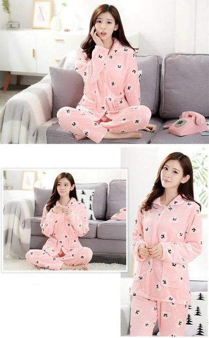 Autumn winter Women Pajamas Sets Flannel Warm Pyjamas Women Thick Homewear Pajama Flannel  Animal Sleepwear female