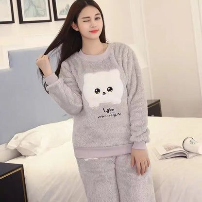 New 2023 Autumn Winter Warm Flannel Women Pyjamas Sets Thick Coral Velvet Long Sleeve Cartoon Sleepwear Flannel Pajamas Set Girl