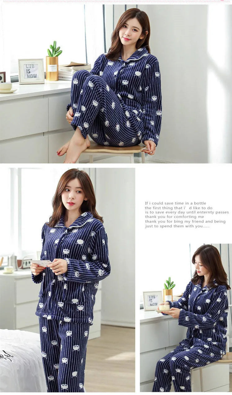 Autumn winter Women Pajamas Sets Flannel Warm Pyjamas Women Thick Homewear Pajama Flannel  Animal Sleepwear female