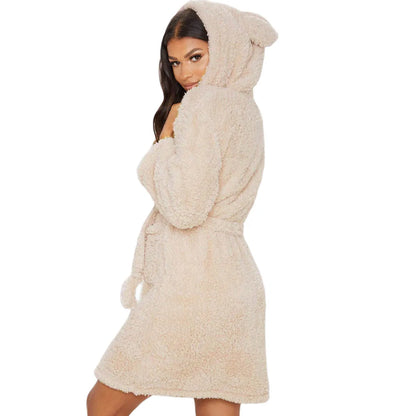 Winter Warm Casual Robes Woman Ear Hooded Bathrobe Plush Robe V Neck Long Sleeve Shawl Kimono Warm Bath Robes Coat