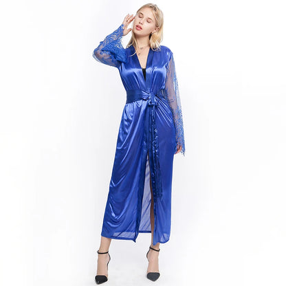 Female Lace Patchwork Long Bathrobes Nightgown Soft Silk Dressing Gown Bathrobe For Women Sleepwear Ladies Sexy Sleepwear