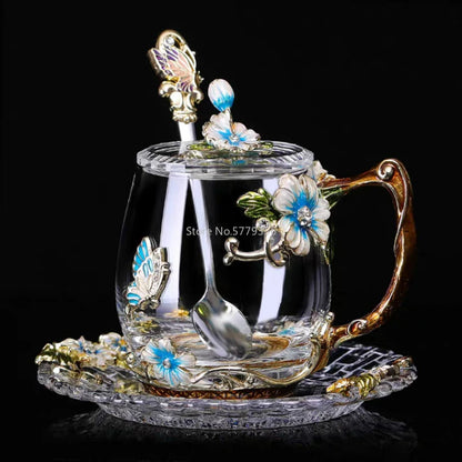 Beauty Enamel Crystal Glass Cup Flower Tea Mug High-grade Glass Water Cup and Mug with Handgrip Perfect Gift for Lover Wedding