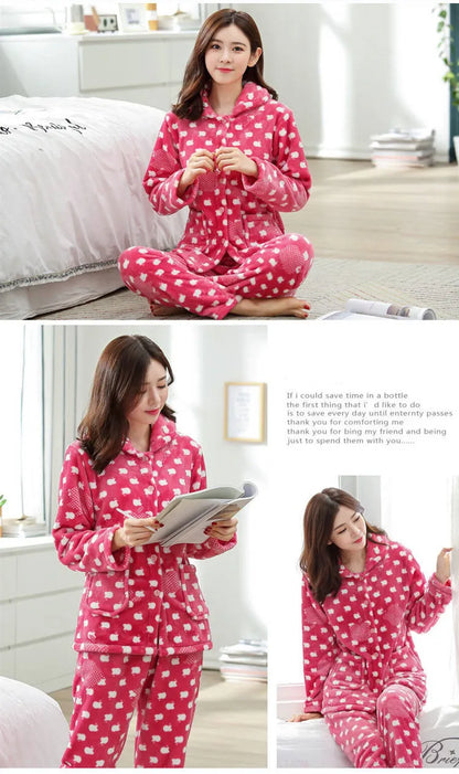 Autumn winter Women Pajamas Sets Flannel Warm Pyjamas Women Thick Homewear Pajama Flannel  Animal Sleepwear female