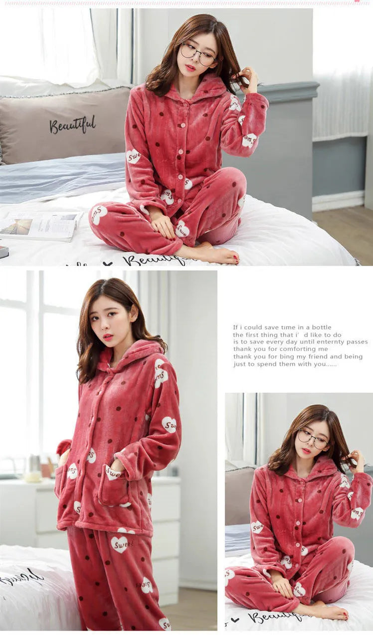 Autumn winter Women Pajamas Sets Flannel Warm Pyjamas Women Thick Homewear Pajama Flannel  Animal Sleepwear female