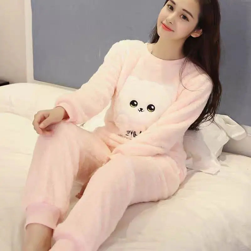 New 2023 Autumn Winter Warm Flannel Women Pyjamas Sets Thick Coral Velvet Long Sleeve Cartoon Sleepwear Flannel Pajamas Set Girl