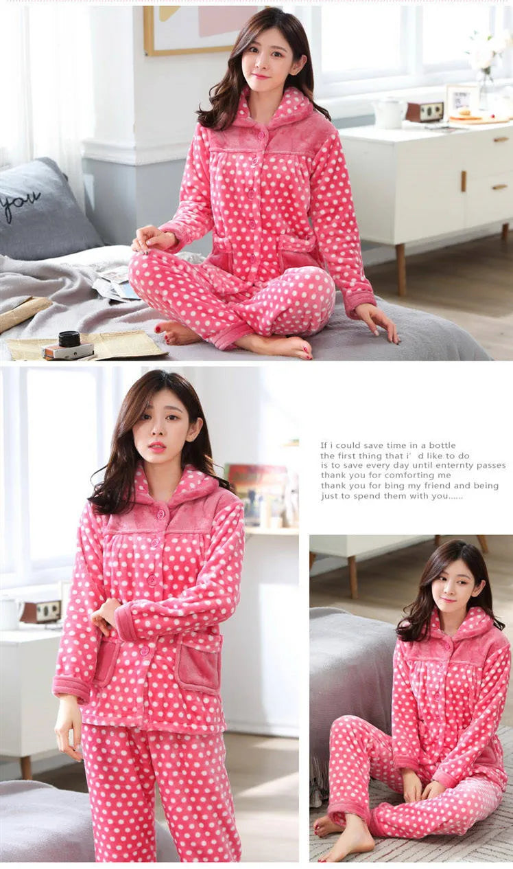 Autumn winter Women Pajamas Sets Flannel Warm Pyjamas Women Thick Homewear Pajama Flannel  Animal Sleepwear female