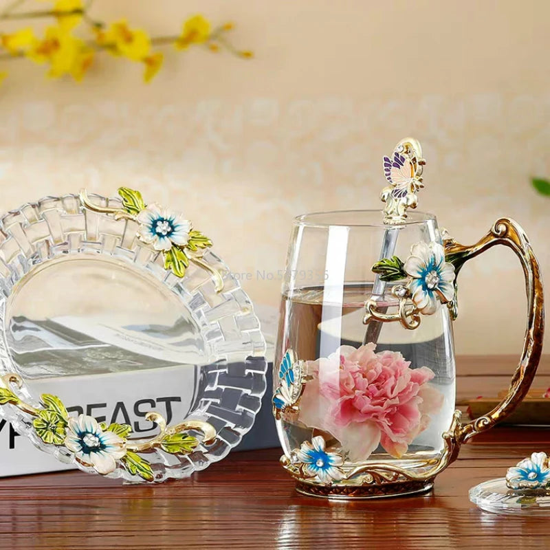 Beauty Enamel Crystal Glass Cup Flower Tea Mug High-grade Glass Water Cup and Mug with Handgrip Perfect Gift for Lover Wedding