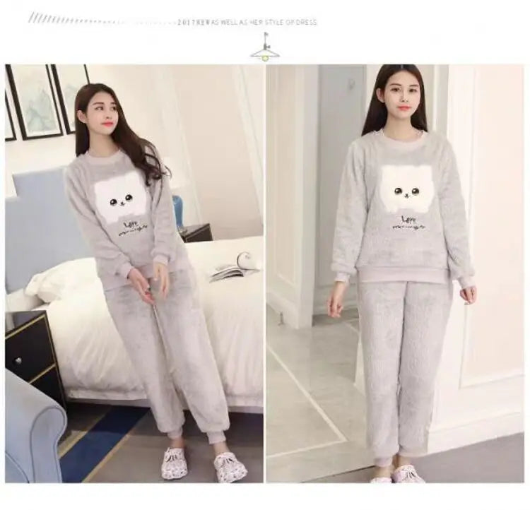 New 2023 Autumn Winter Warm Flannel Women Pyjamas Sets Thick Coral Velvet Long Sleeve Cartoon Sleepwear Flannel Pajamas Set Girl