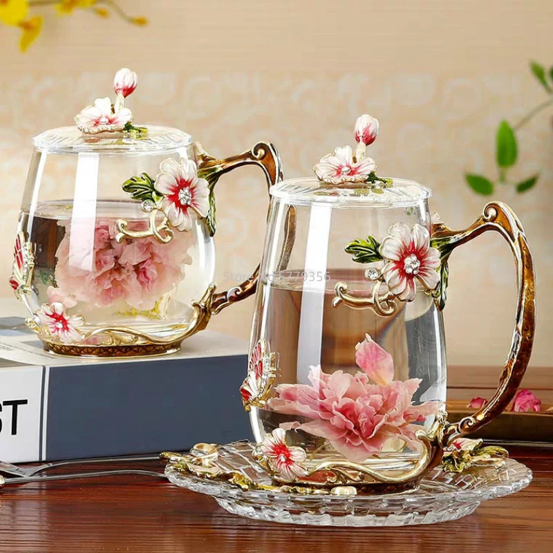 Beauty Enamel Crystal Glass Cup Flower Tea Mug High-grade Glass Water Cup and Mug with Handgrip Perfect Gift for Lover Wedding