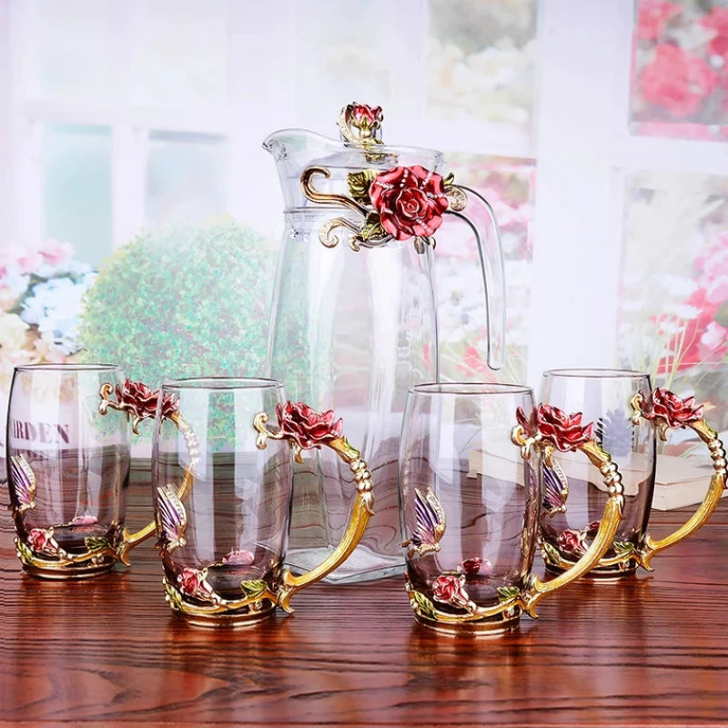 Hand-made Enamel Coffee Mug Crystal Cup Milk Lemon Flower Tea Cup High-grade Glass Drinkware Gift Couple Mug For Lover Wedding