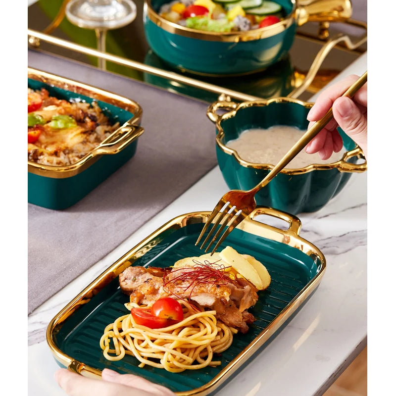 Luxury Ceramic Bakeware Household Hand Painted Salad Plate Rice Bowl Binaural Baking Pan Kitchen Tableware Single Handle Bowl