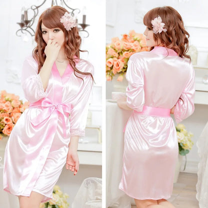 Mid-sleeve Sexy Women Nightwear Robes Bathrobes With Underwear Lace Female T-back Sleepwear Lady Nightgowns Pajamas