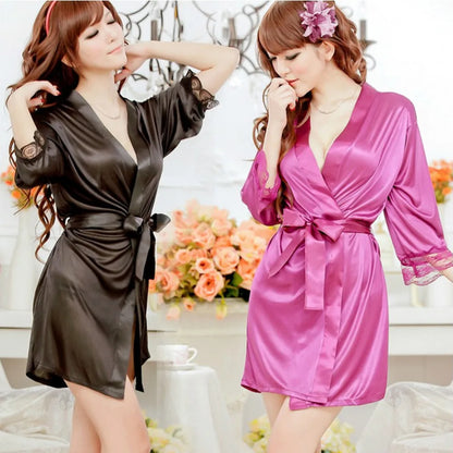 Mid-sleeve Sexy Women Nightwear Robes Bathrobes With Underwear Lace Female T-back Sleepwear Lady Nightgowns Pajamas