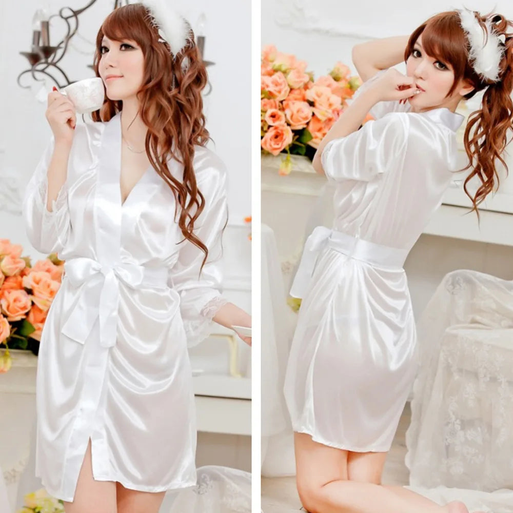 Mid-sleeve Sexy Women Nightwear Robes Bathrobes With Underwear Lace Female T-back Sleepwear Lady Nightgowns Pajamas