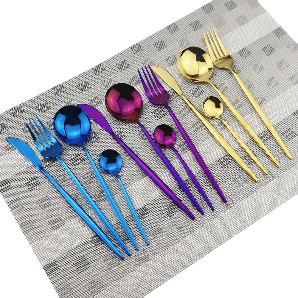 4pcs/set Blue Dinnerware Set Stainless Steel Gold Cutlery Dinner Set Knife Fork Spoon Silverware Flatware Kitchen Tableware Set