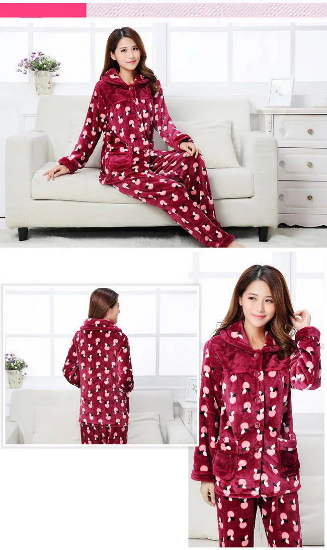 Autumn winter Women Pajamas Sets Flannel Warm Pyjamas Women Thick Homewear Pajama Flannel  Animal Sleepwear female