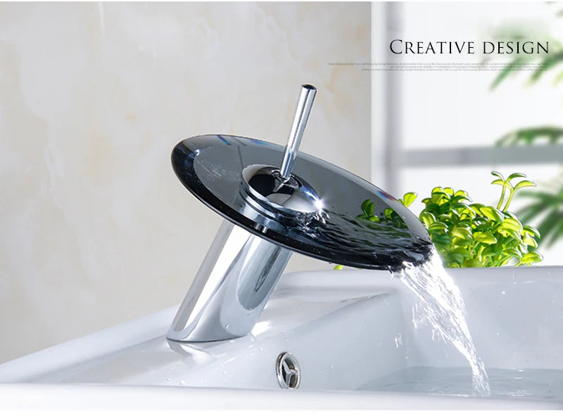 Colorful Glass Waterfall Bathroom Basin Sink Faucet Chrome Basin Sink Faucet Single Lever Deck Mounted Round Mixer Tap