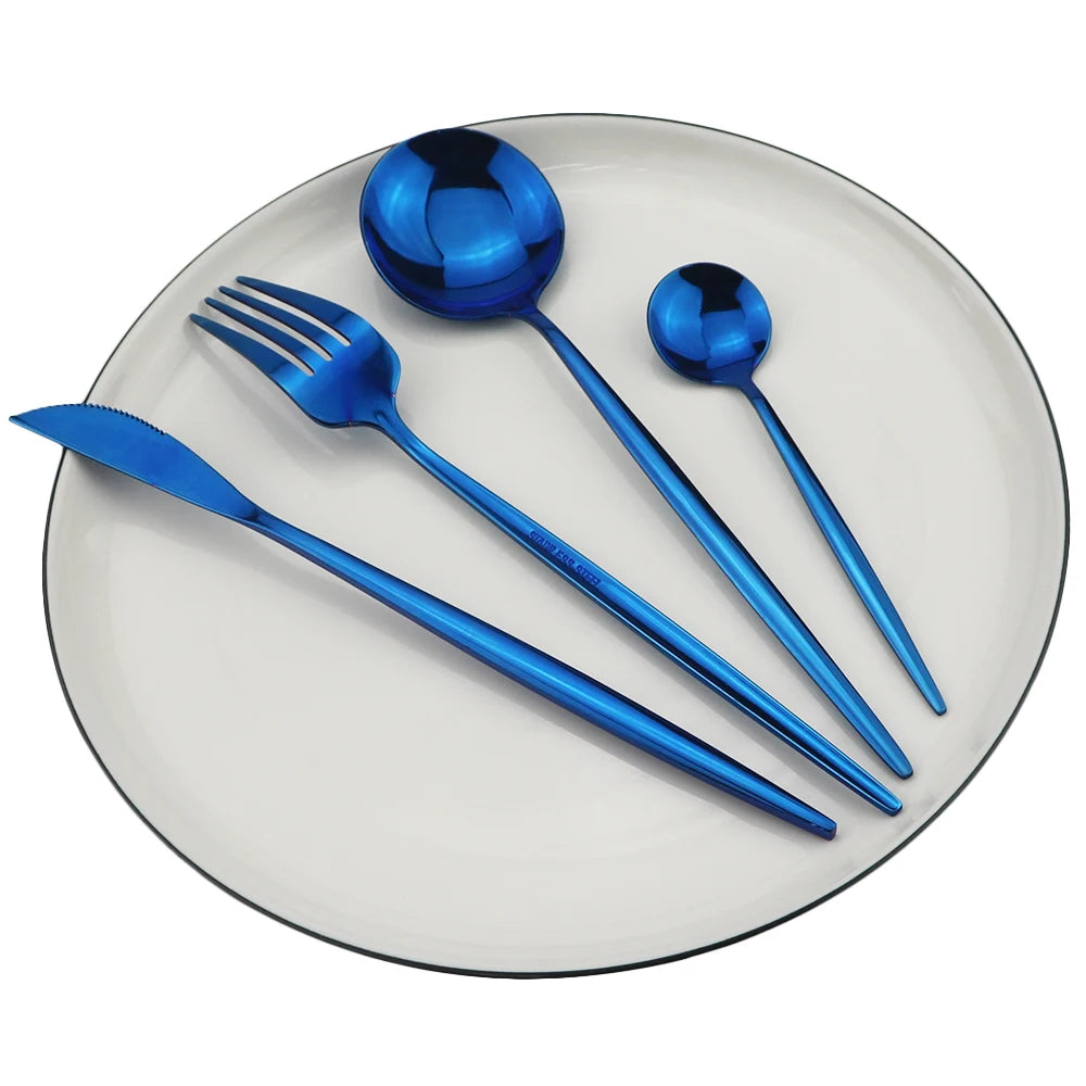 4pcs/set Blue Dinnerware Set Stainless Steel Gold Cutlery Dinner Set Knife Fork Spoon Silverware Flatware Kitchen Tableware Set