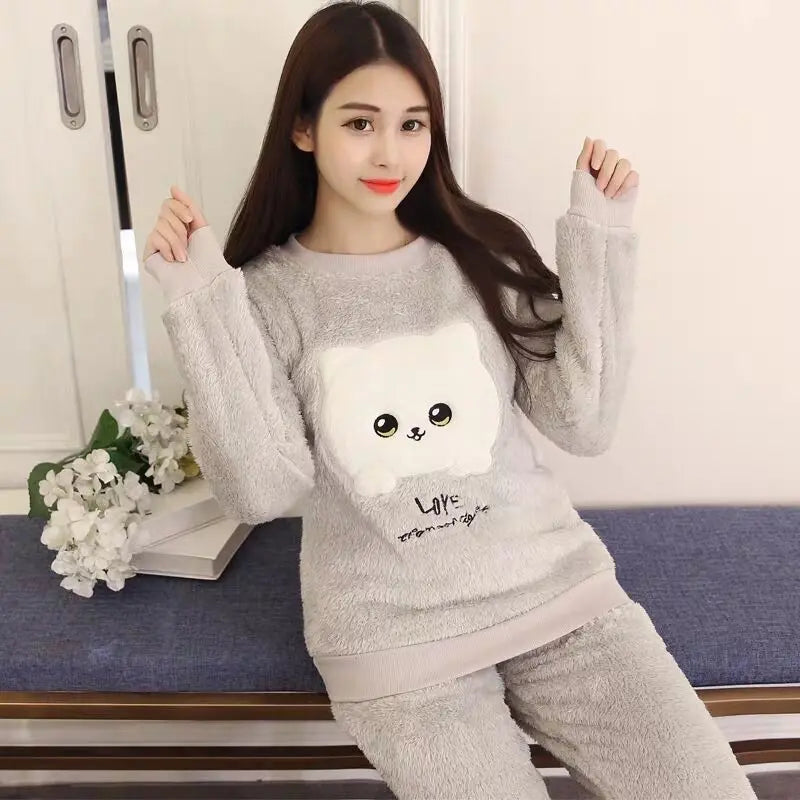 New 2023 Autumn Winter Warm Flannel Women Pyjamas Sets Thick Coral Velvet Long Sleeve Cartoon Sleepwear Flannel Pajamas Set Girl