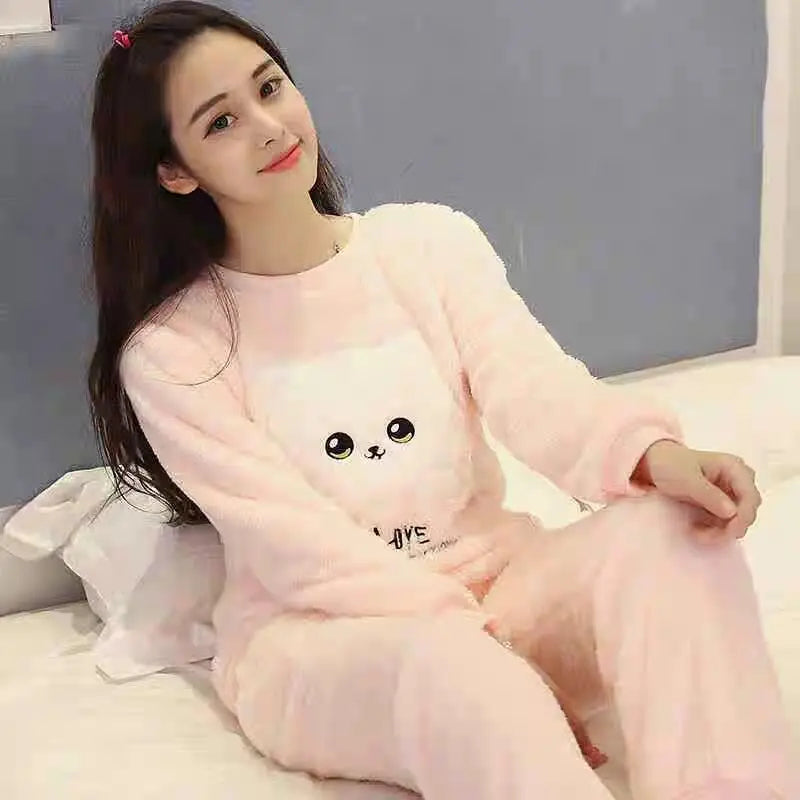 New 2023 Autumn Winter Warm Flannel Women Pyjamas Sets Thick Coral Velvet Long Sleeve Cartoon Sleepwear Flannel Pajamas Set Girl