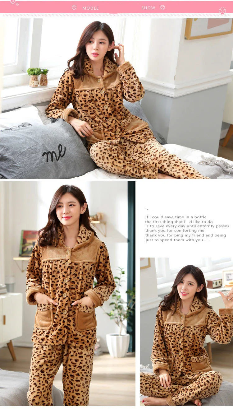 Autumn winter Women Pajamas Sets Flannel Warm Pyjamas Women Thick Homewear Pajama Flannel  Animal Sleepwear female