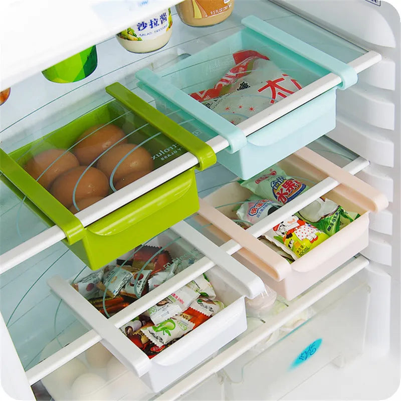 Refrigerator Storage Holder With Layer Partition Hanging Space Saver Shelf Rack Fridge Pull-out Organiser With Layer Partition