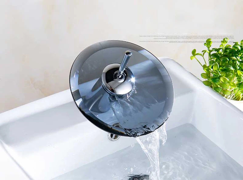 Colorful Glass Waterfall Bathroom Basin Sink Faucet Chrome Basin Sink Faucet Single Lever Deck Mounted Round Mixer Tap