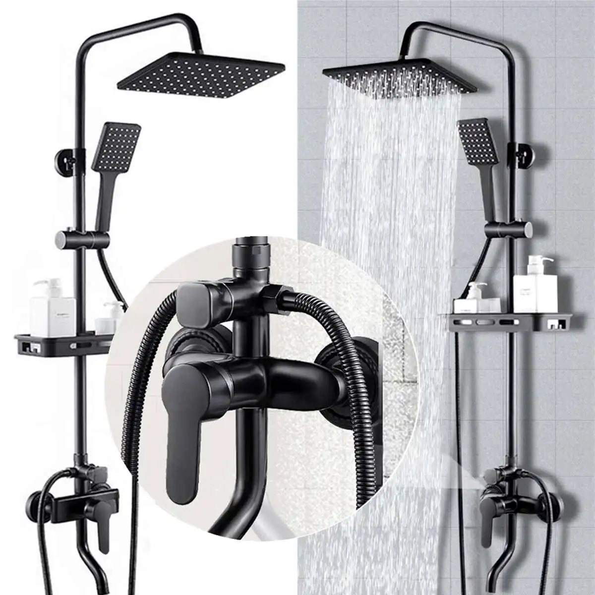 JETEVEVEN Bathroom Shower Faucet Rainfall Shower Set Matte Black Wall Mount Bathtub 3-way Shelf Shower Mixer Tap Shower System