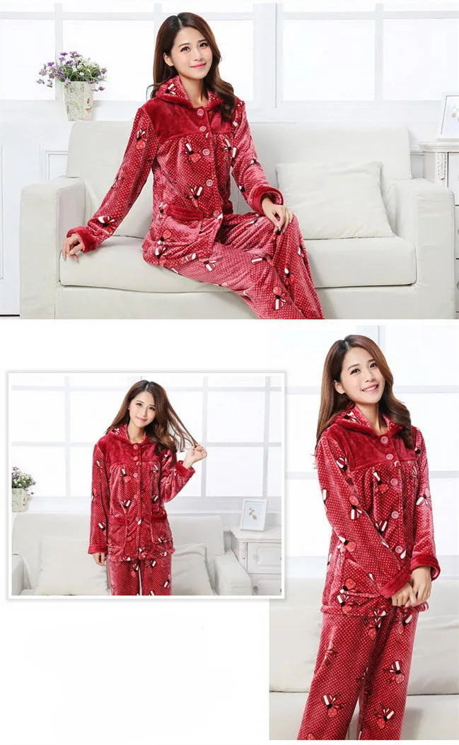 Autumn winter Women Pajamas Sets Flannel Warm Pyjamas Women Thick Homewear Pajama Flannel  Animal Sleepwear female