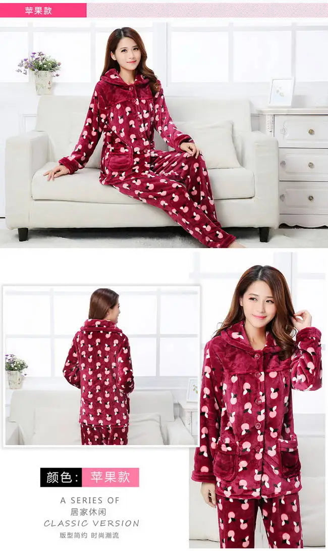 Autumn winter Women Pajamas Sets Flannel Warm Pyjamas Women Thick Homewear Pajama Flannel  Animal Sleepwear female