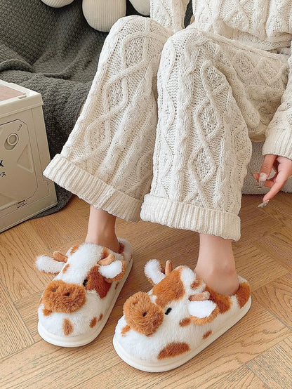 LItfun Fashion Winter Cotton Slippers Women Plush Lining House Slippers Lovely Milk Cow Women Slippers Fluffy Fuzzy Women Slides