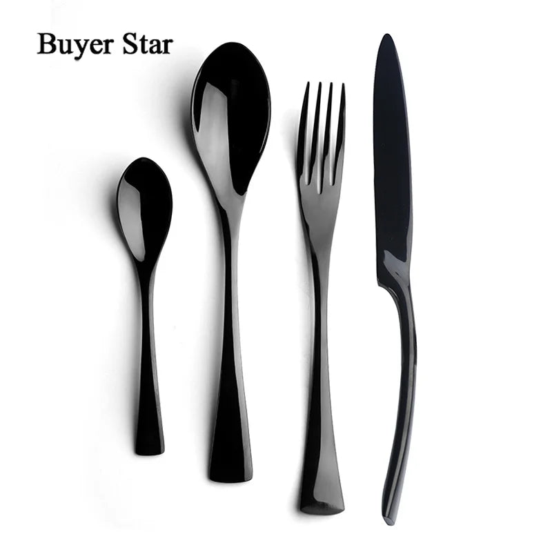 Buyer Star 4-Piece Black Cutlery Set Stainless Steel Gold Dinnerware Set Knife Fork Table Fork Black Tableware Set Drop Shipping