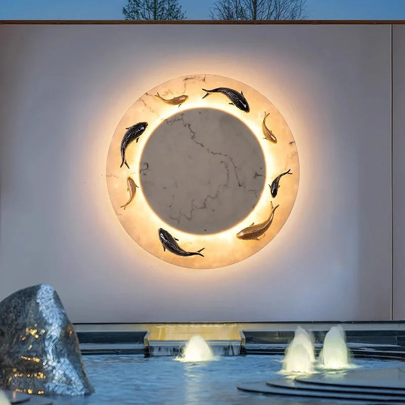 Modern Imitated Marble LED Wall Light Round Artificial Fish AC85~265V Chinese Style Porch Lamp For Garden Courtyard Path Adorn