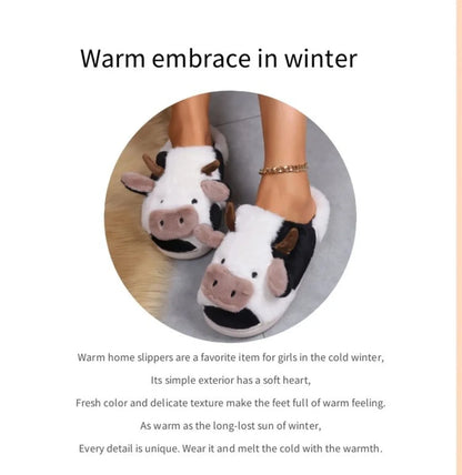 Comwarm Women Winter Cute Plush Cotton Slippers Indoor Warm Non-slip Milk Cow House Slippers Soft Fur Flufy Flat Bedroom Slides