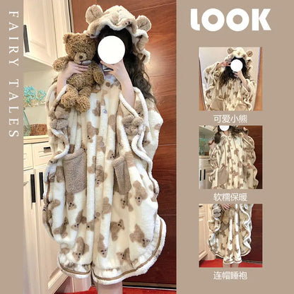 Cute Little Bear Nightrobe Coral Velvet Pajama Women In Winter Plush And Thick Insulation Flannel Hooded Cloak Pajamas Homewear