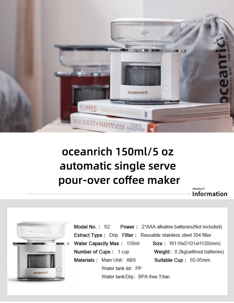 OCEANRICH S2 Automatic Single Serve Pour-over Portable Coffee Maker Coffee Dripper Reuseable Stainless Steel Coffee Pot Machine