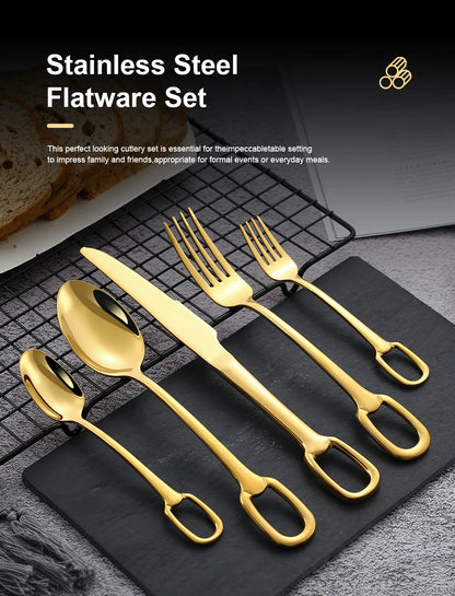 5Pcs Luxury Tableware Set tainless Steel Knife Fork Spoon Cutlery Set Elegant Dinnerware Set Hangable Design Customizable Logo