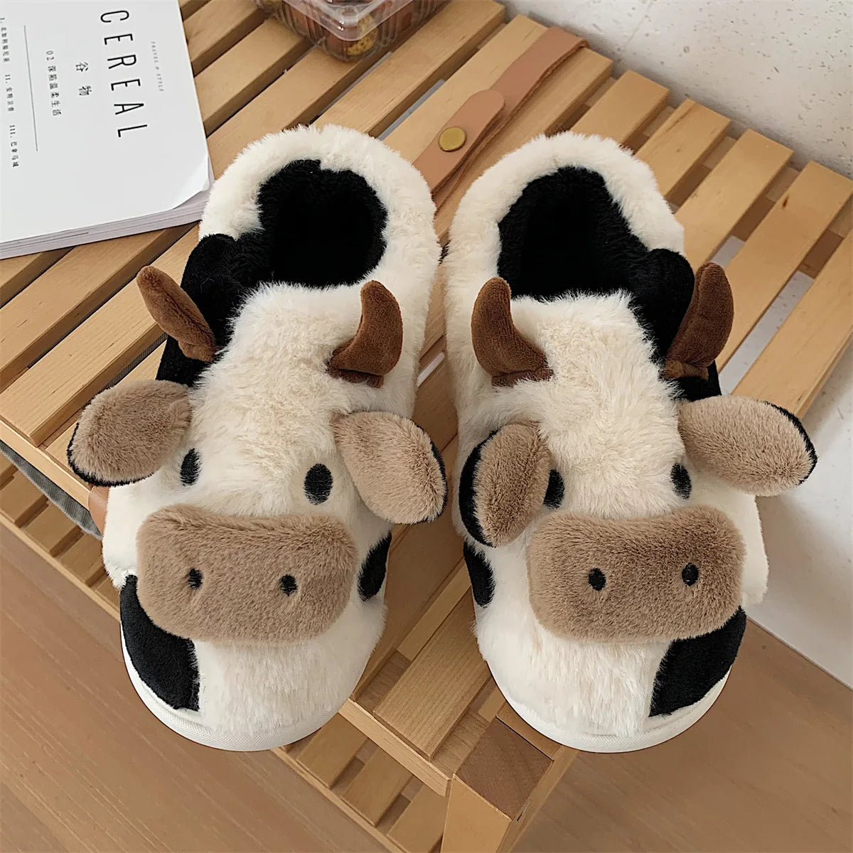 LItfun Fashion Winter Cotton Slippers Women Plush Lining House Slippers Lovely Milk Cow Women Slippers Fluffy Fuzzy Women Slides