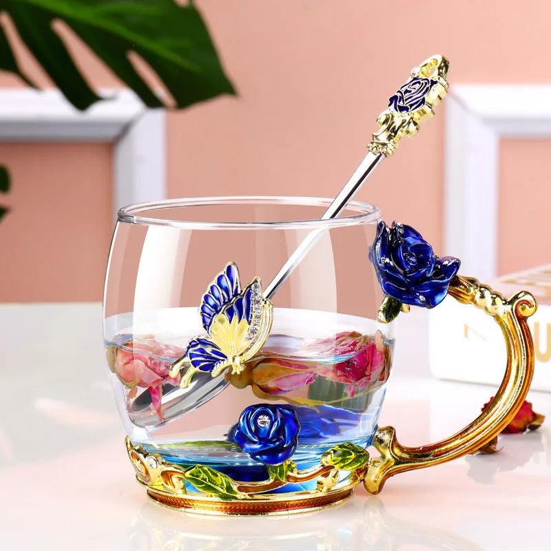 Hand-made Enamel Coffee Mug Crystal Cup Milk Lemon Flower Tea Cup High-grade Glass Drinkware Gift Couple Mug For Lover Wedding