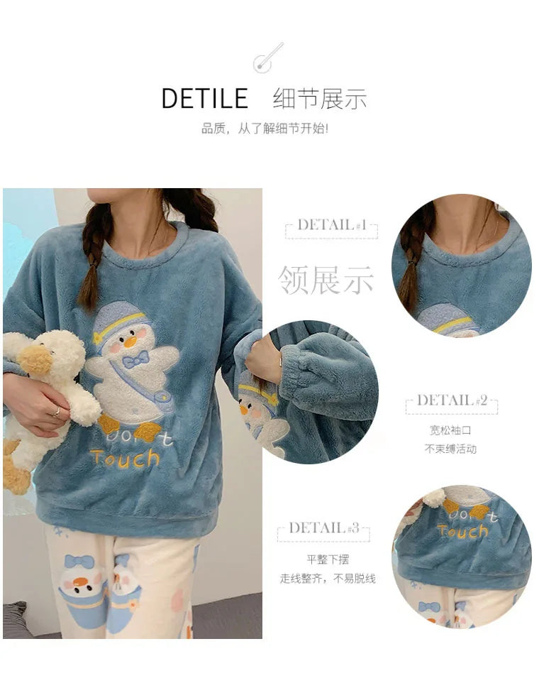 Winter Cute Duck Flannel Pajamas Set for Women Kawaiii Pattern Teddy Sleepwear for Girl Fashion Pullover Velvet Woman&