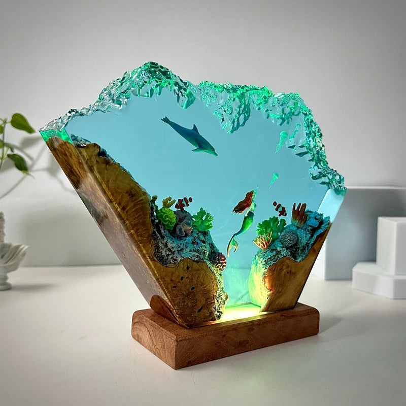 Seabed World Organism Resin Table Light Creactive Art Decoration Lamp Mermaid Dolphin Theme Night Light  USB Charge