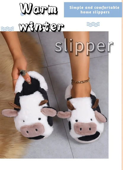 LItfun Fashion Winter Cotton Slippers Women Plush Lining House Slippers Lovely Milk Cow Women Slippers Fluffy Fuzzy Women Slides