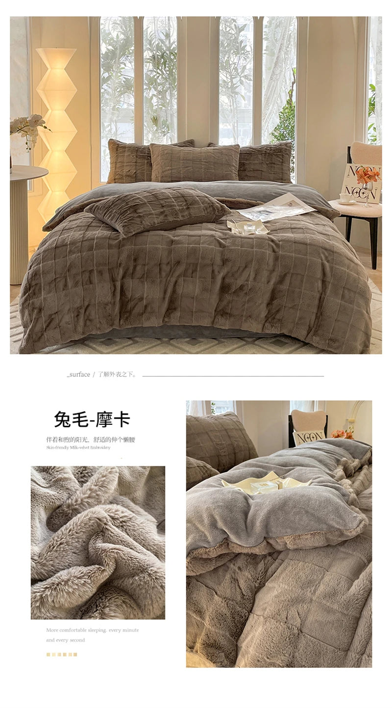 Faux Rabbit Fur Autumn Winter Warm Bedding Set Plush Skin Friendly Breathable Warmth Duvet Cover Set Queen Cozy Quilt Cover Sets