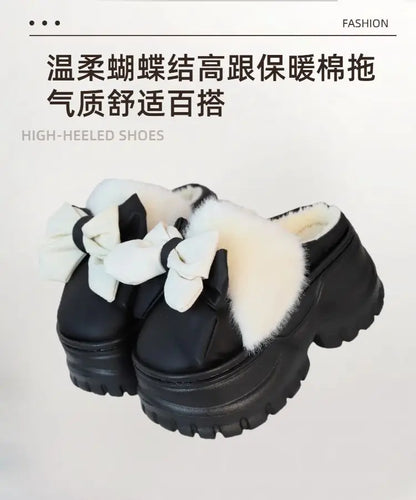 winter slippers women indoor/ outdoor fashion slides shoes with bowknot ladies chunky slippers