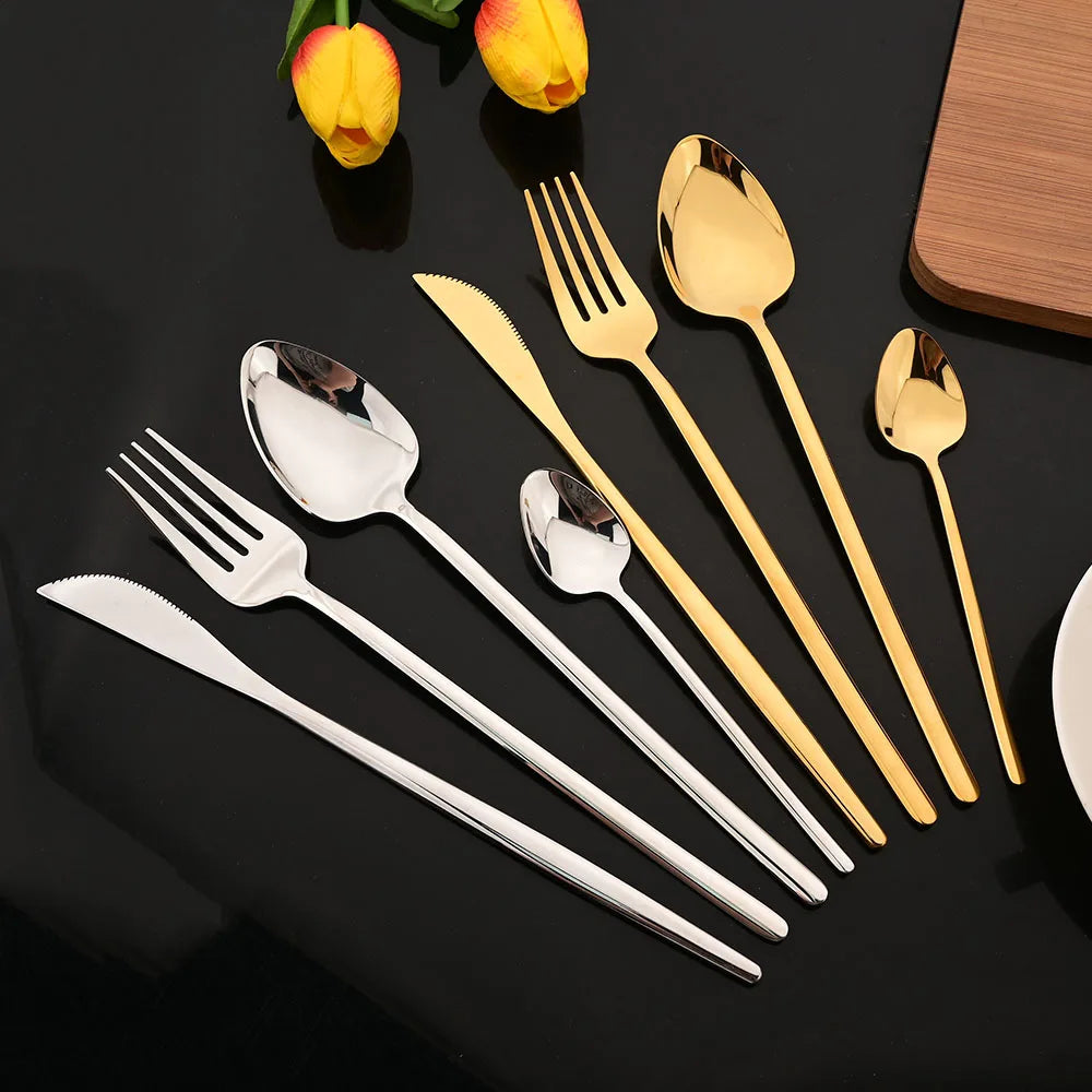 24Pcs Black Gold Cutlery Stainless Steel Dinnerware Set Spoon Fork Knife Western Cutleri Silverware Flatware Tableware Supplies